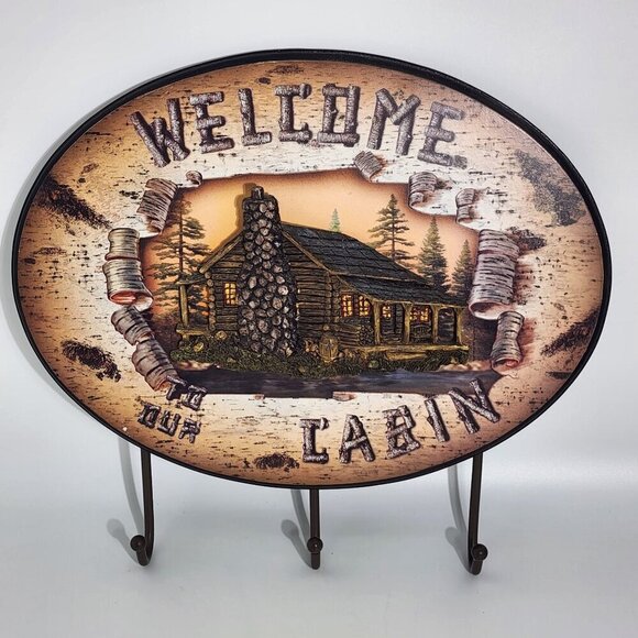 Welcome To Our Cabin Welcome Coat Rack With 3D Log Cabin Scene Wall Art Vintage - Picture 1 of 12